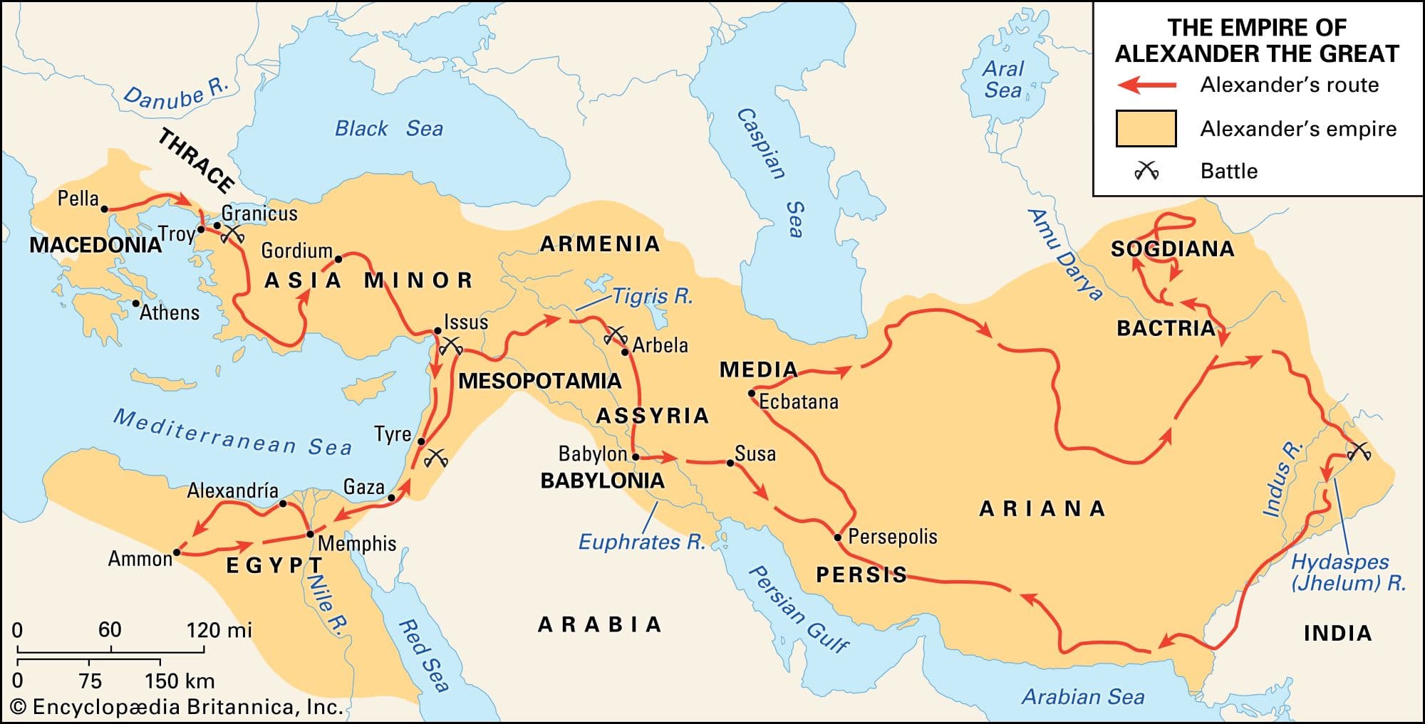 Map of Alexander's empire and campaign routes from Macedonia to the Indus
